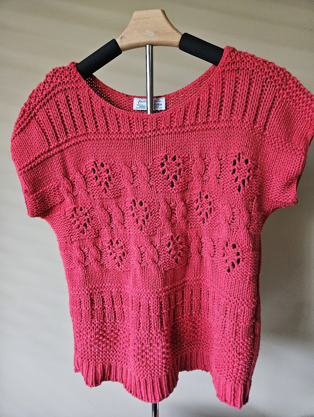 Vtg Cuddle Knit Vintage 100% Cotton Textured Cable Eyelet Sweater Vest - Size M